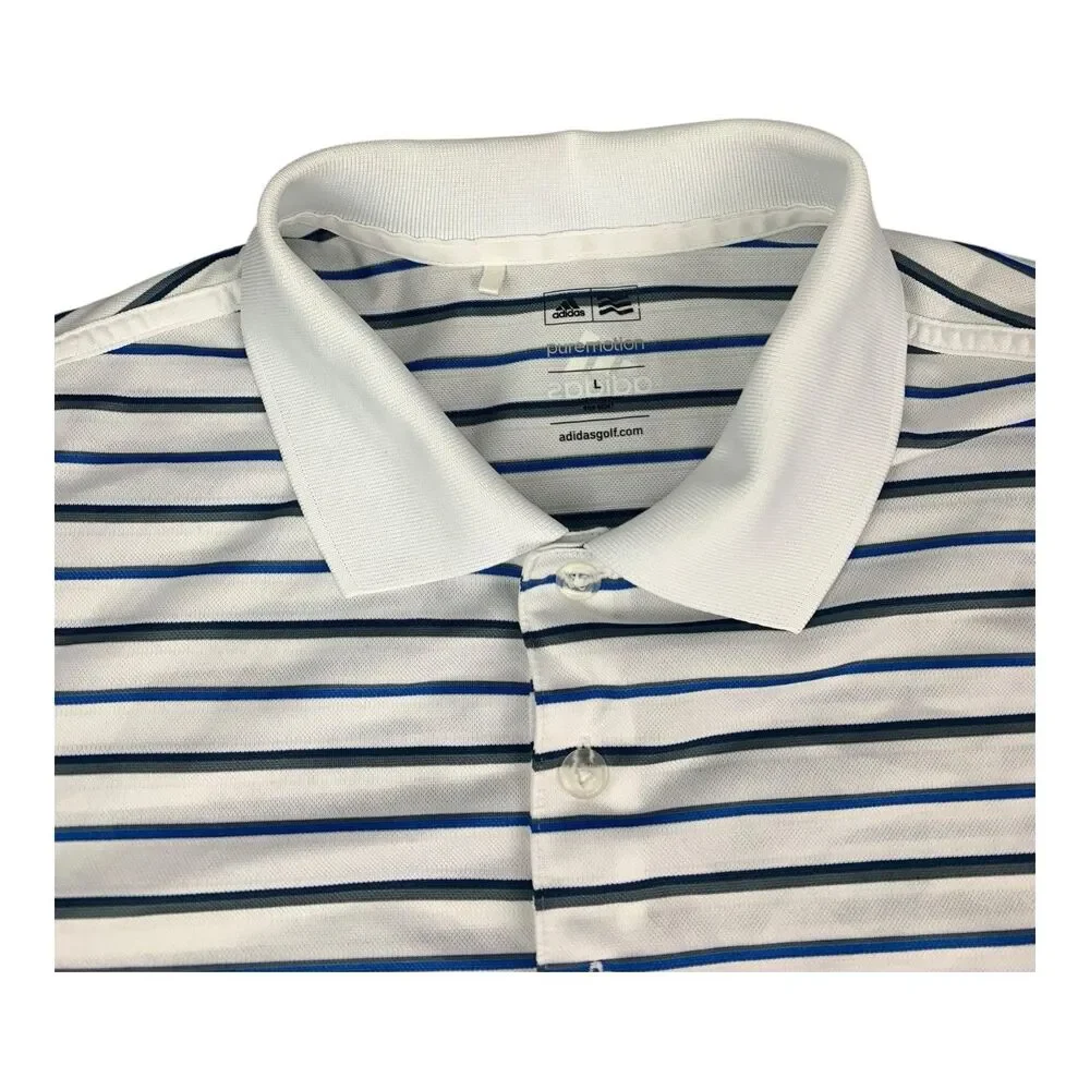 Adidas Golf Men's Polo Shirt PureMotion White Striped Moisture Wicking, Size L